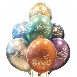 Parti Dünyası - Mirror Krom Happy Birthday Baskılı Karışık Renk Latex Balon 6 Adet