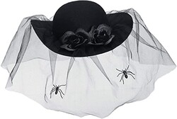  Parti Dünyası - Kara Dul Mini Siyah Şapka Güllü ve Örümcekli Duvak