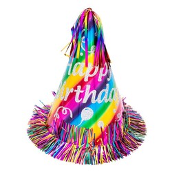 Parti Dünyası - Happy Birthday Püsküllü Renkli Karton Şapka 26 cm 1 Adet