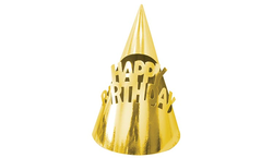 Parti Dünyası - Metalize Gold Happy Birthday Karton Şapka 6 Adet