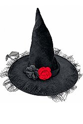 Parti Dünyası Halloween Cadı Şapkası Kırmızı Siyah Güllü Siyah