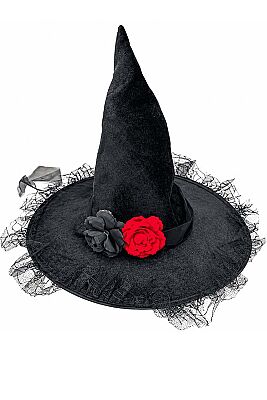 Parti Dünyası Halloween Cadı Şapkası Kırmızı Siyah Güllü Siyah - 1