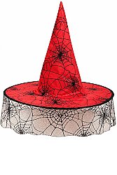 Parti Dünyası Halloween Cadı Şapkası Tüllü Örümcek Ağ Baskılı Kırmızı