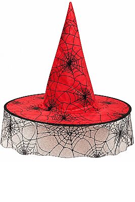 Parti Dünyası Halloween Cadı Şapkası Tüllü Örümcek Ağ Baskılı Kırmızı - 1