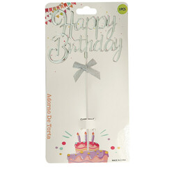  Parti Dünyası - Pasta Üstü Çubuk Happy Birthday Gümüş