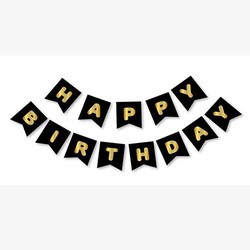 Parti Dünyası - Siyah Üzeri Gold Yaldızlı Happy Birthday Bayrak Afiş