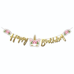 Parti Dünyası - Unicorn Çiçekli Happy Birthday Metalik Harf Afiş