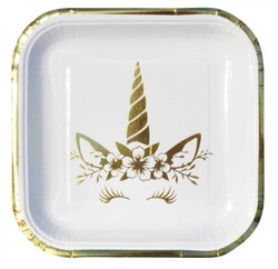 Parti Dünyası - Unicorn Gold Baskı Kare Tabak 23 cm 6 Adet