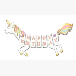 Parti Dünyası - Unicorn Partisi Şekilli Happy Birthday Flama 40 x 120 cm